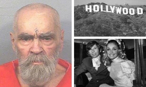 A photograph of Charles Manson, taken in Aug. 2017. (L)(California Department of Corrections and Rehabilitation). Hollywood in Los Angeles (Top R). (Oreos via Wikimedia Commons CC BY-SA). Manson’s followers killed actress Sharon Tate (pictured with her husband Roman Polanski) in her Los Angeles Home along with four others on Aug. 9, 1969 (Bottom R). (Evening Standard/Getty Images)