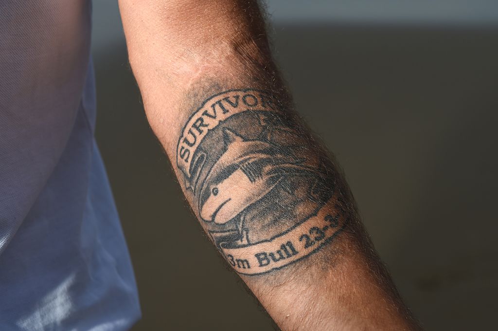 This photo taken on May 1, 2016 shows Australian shark attack victim Dave Pearson's tattoo stating he was attacked by a three metre bull shark in 2011. (Peter Parks/AFP/Getty Images)