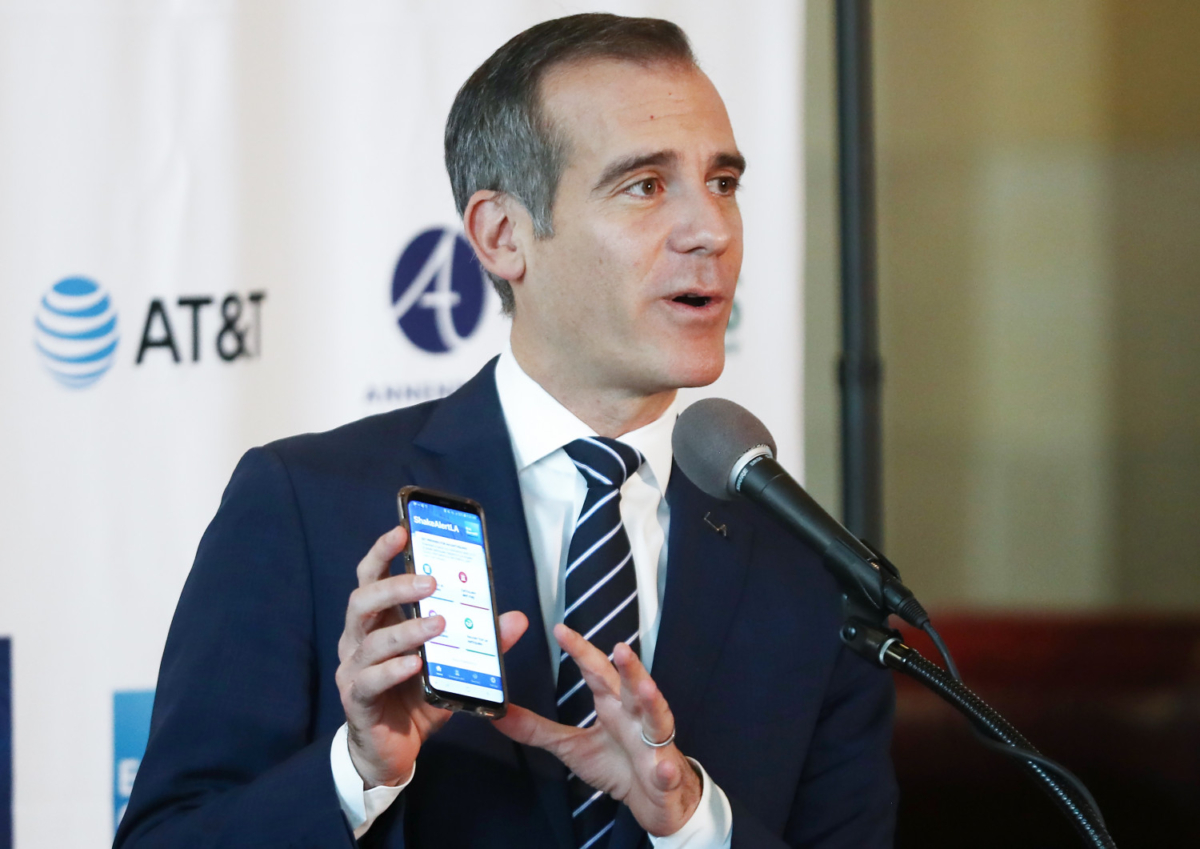 Los Angeles Mayor Eric Garcetti speaks at a press conference at City Hall announcing the launch of the 'ShakeAlertLA' mobile application in Los Angeles, Calif., on Jan. 3, 2019. (Mario Tama/Getty Images)