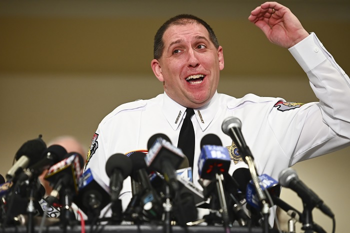 Barron County Sheriff Chris Fitzgerald speaks during a news conference in Barron, Wis., on Jan. 11, 2018. (Aaron Lavinsky/Star Tribune via AP)