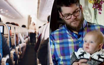 Dad flying alone with fussy baby gets much-needed rest when kind stranger steps in to help