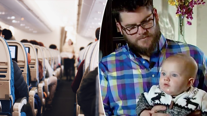 Dad flying alone with fussy baby gets much-needed rest when kind stranger steps in to help