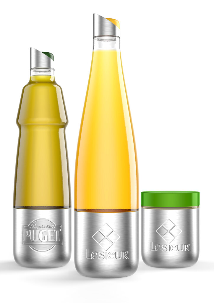This photo shows Lesieur's stainless steel vegetable oils and mayonnaise containers designed for use with Loop. The new shopping platform announced at the World Economic Forum aims to change the way people buy many products, from food to personal-care and home products. Loop would do away with disposable containers for some name-brand products, including some shampoos and laundry detergents. Instead, those products would be delivered in sleek, reusable containers that will be picked up at your door, washed and refilled. (Team Créatif/Lesieur/TerraCycle via AP)