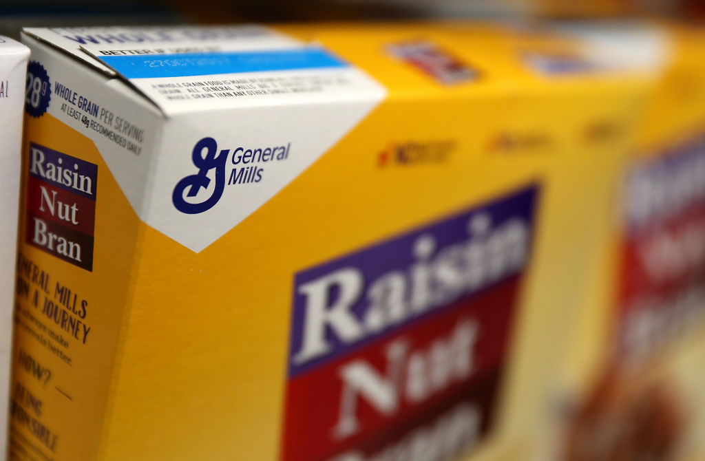 The General Mills logo is displayed on a box of Raisin Nut Bran cereal at Scotty's Market in San Rafael, Calif. on Sept. 20, 2017. (Justin Sullivan/Getty Images)