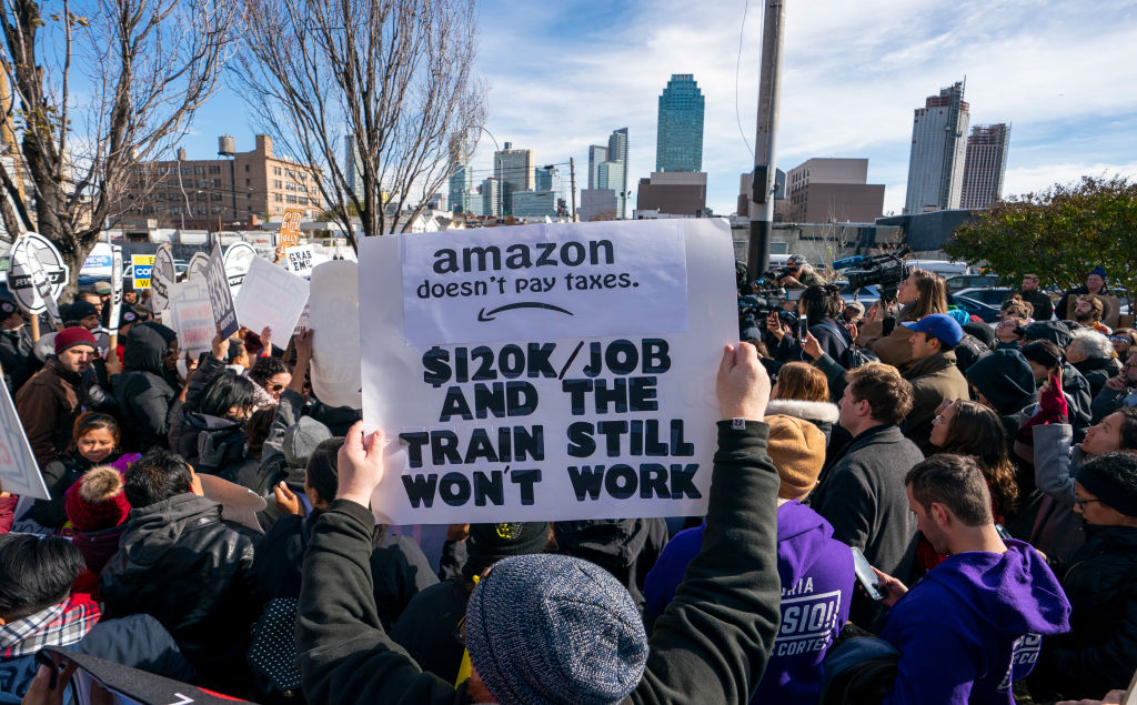 Protesters gather in Long Island City to say "No" to the Amazon HQ2 decision in Long Island City, New York, on November 14, 2018. (Don Emmert/AFP/Getty Images)