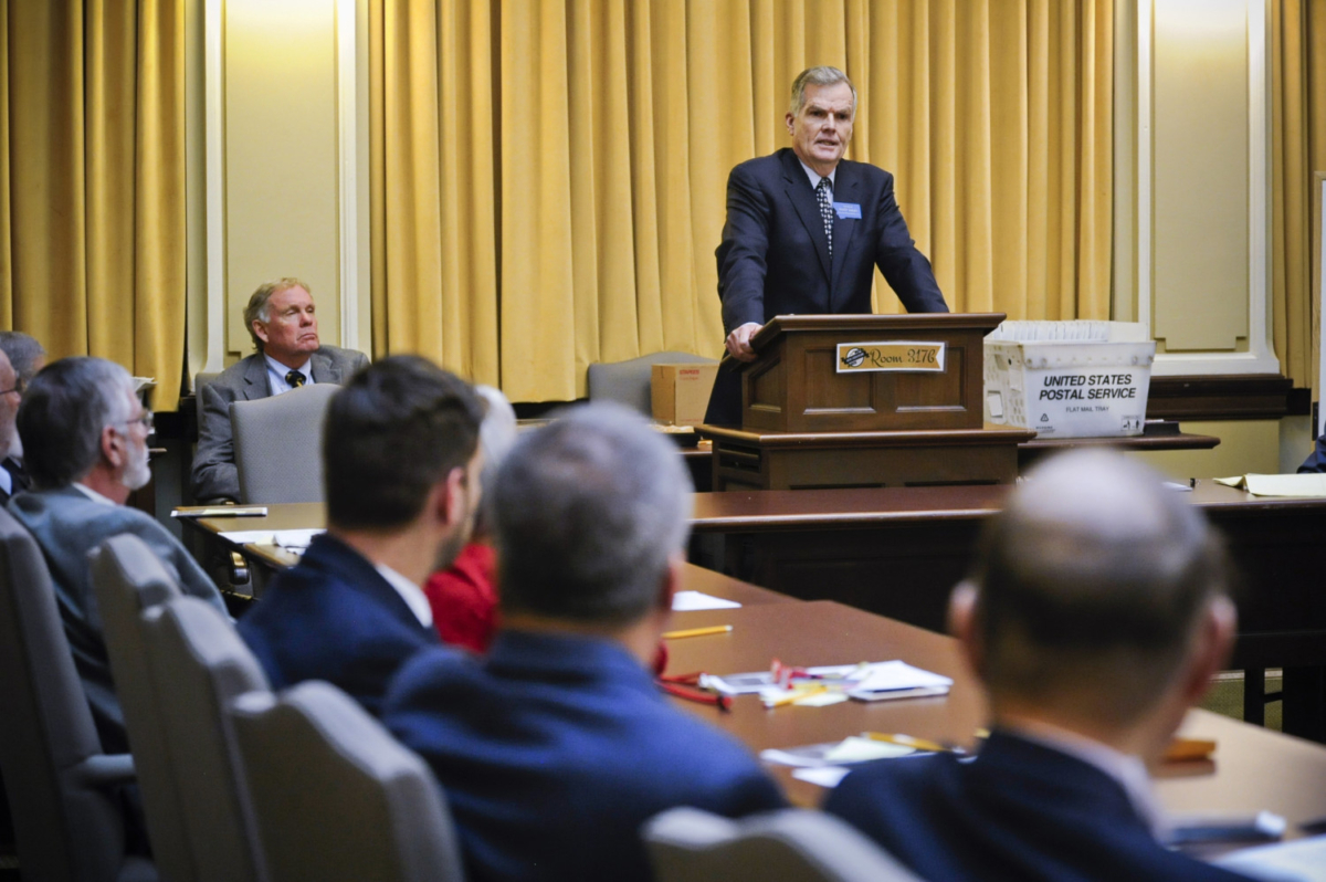 In this Nov. 14, 2018 file photo Senate President Scott Sales, R-Bozeman, addresses the Senate Republican caucus at the State Capitol in Helena, Mont. (Thom Bridge/Independent Record via AP, File)