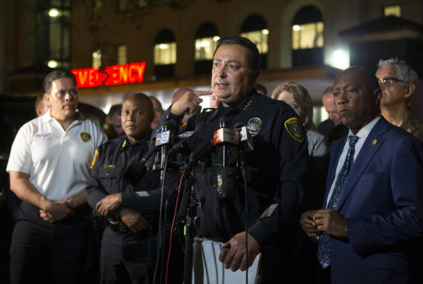 Houston Police Department Chief Art Acevedo updates the media on the conditions of officers injured during a shooting earlier in the evening, at a news conference outside of the emergency department of Memorial Hermann Hospital in the Texas Medical Center, in Houston, on Jan. 28, 2019. (Mark Mulligan/Houston Chronicle via AP)