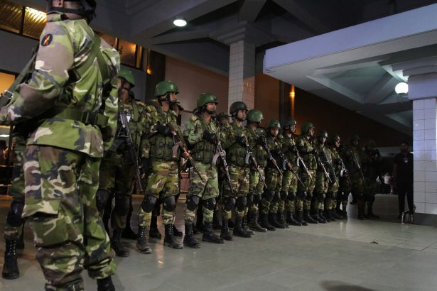 Bangladeshi security personnel at the Hazrat Shahjalal International Airport in Dhaka on Feb. 25, 2019. (Munir Uz Zaman/AFP/Getty Images)