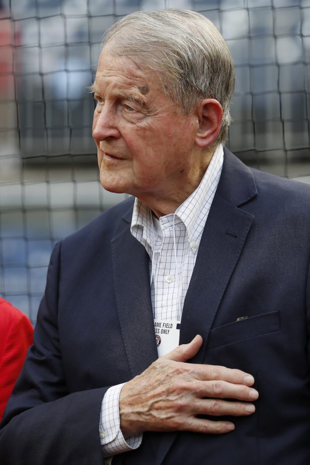 Judge William Webster, former FBI and CIA director, stands during the national anthem before a game between the Atlanta Braves and Washington Nationals during game two of a doubleheader at Nationals Park on Aug. 7, 2018 in Washington, DC. (Patrick McDermott/Getty Images)
