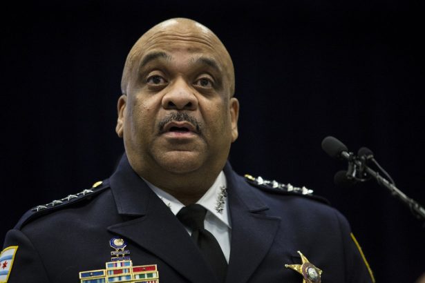 Chicago Police Supt. Eddie Johnson speaks during a press conference at police headquarters, in Chicago, on Feb. 21, 2019, after actor Jussie Smollett turned himself in on charges of disorderly conduct and filing a false police report. (Ashlee Rezin/Chicago Sun-Times via AP)