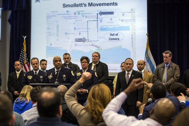 Chicago Police Superintendent Eddie Johnson (4th L), speaks during a press conference at CPD headquarters, in Chicago, on Feb. 21, 2019, after actor Jussie Smollett turned himself in on charges of disorderly conduct and filing a false police report. (Ashlee Rezin/Chicago Sun-Times via AP)