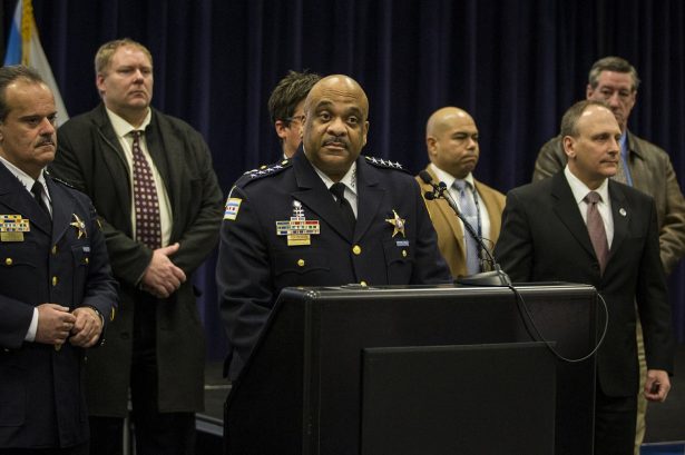 Chicago Police Supt. Eddie Johnson speaks during a press conference at CPD headquarters, in Chicago, after actor Jussie Smollett turned himself in on charges of disorderly conduct and filing a false police report ,on Feb. 21, 2019. (Ashlee Rezin/Chicago Sun-Times via AP)