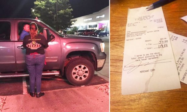 (Left) Justin Methia leaving the Texas Roadhouse in North Dartmouth, Massachusetts, when their waitress ran out to thank him for the (right) 100% tip he left so she could get a new pair of shoes. (Facebook | Jared Methia)