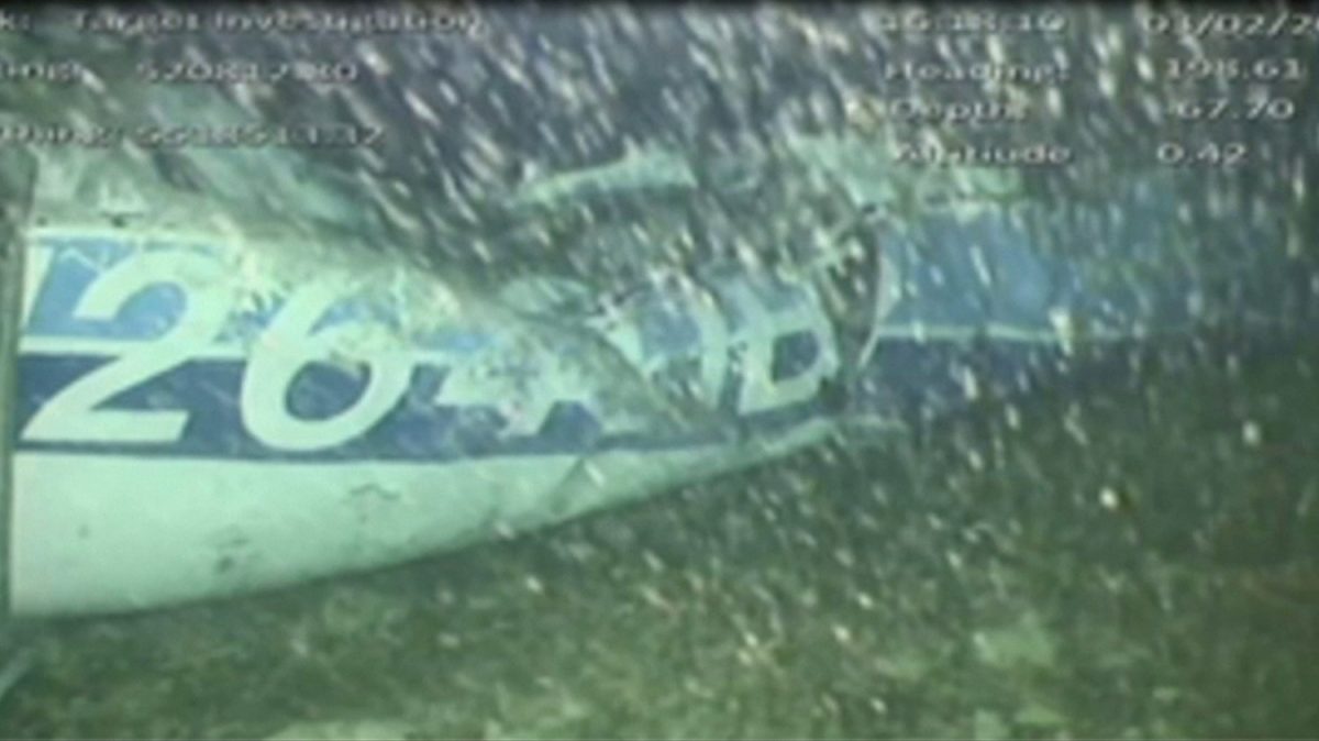 The wreckage of the missing aircraft carrying soccer player Emiliano Sala is seen on the seabed near Guernsey, in this still image taken from video taken Feb. 3, 2019. (AAIB/ via Reuters TV)