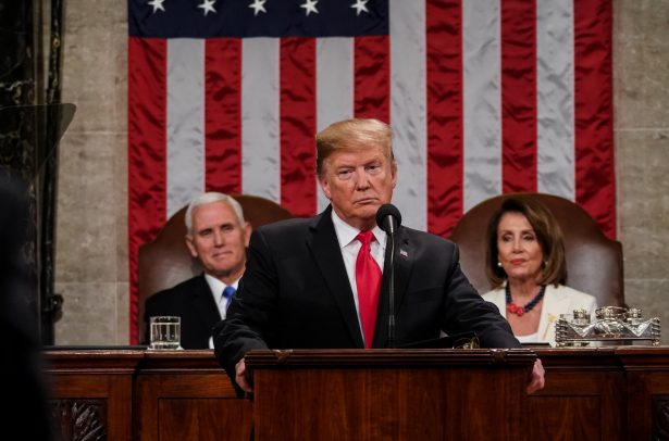 President Donald Trump, with Speaker Nancy Pelosi and Vice President Mike Pence looking on, delivers the State of the Union address in the chamber of the U.S. House of Representatives at the U.S. Capitol Building in Washington on Feb. 5, 2019. (Doug Mills-Pool/Getty Images)