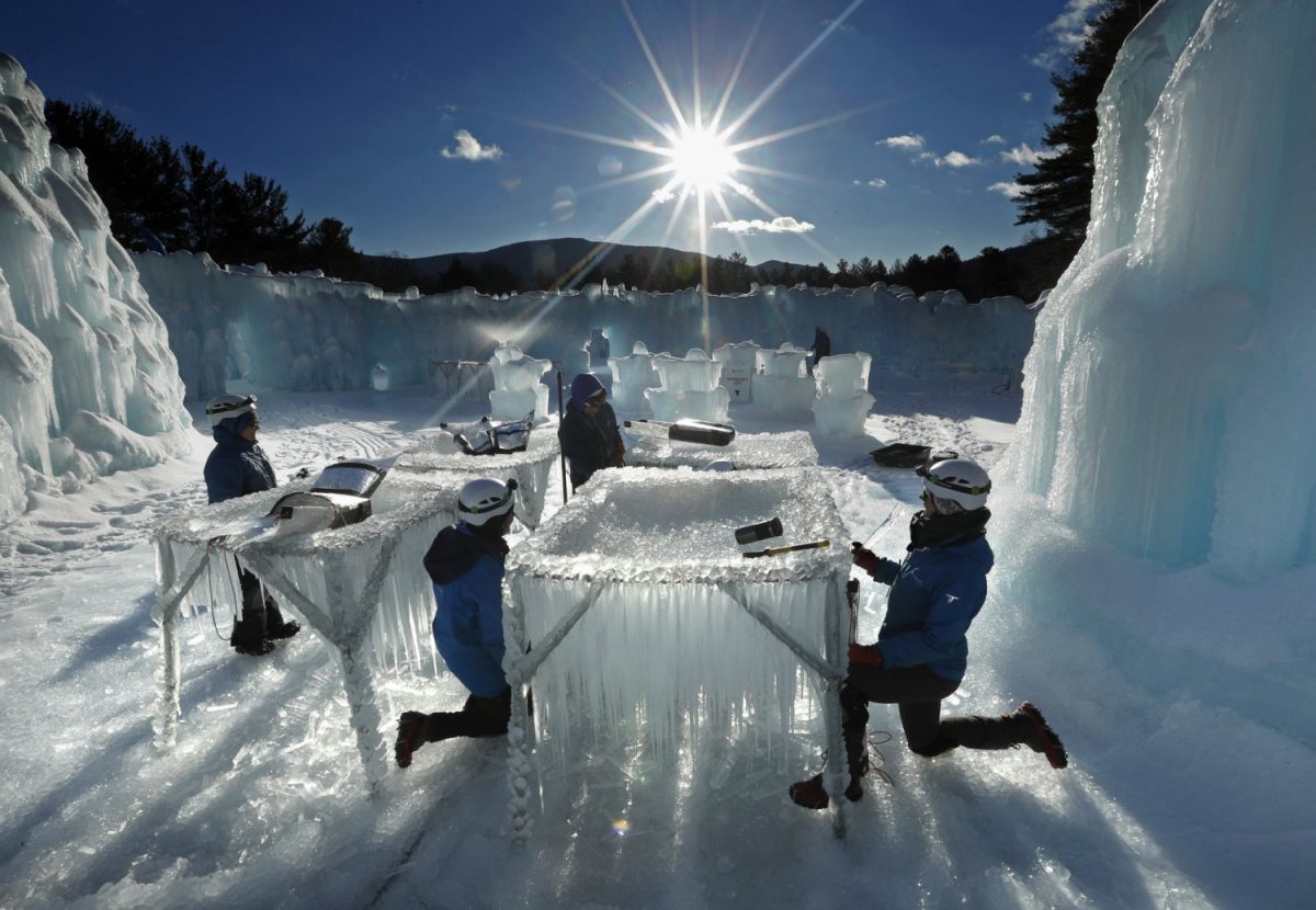 Icicles are harvested for use in growing the walls at Ice Castles in North Woodstock, N.H., on Jan. 28, 2019 (Robert F. Bukaty/AP Photo)