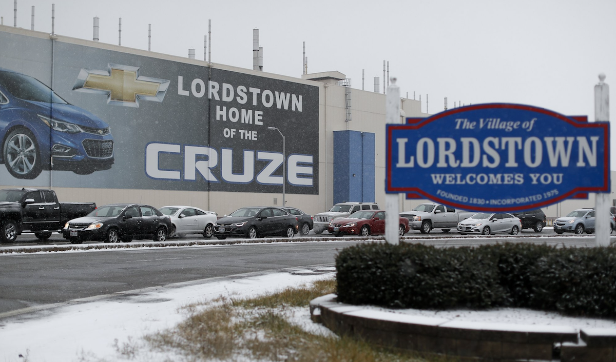 A banner depicting the Chevrolet Cruze model vehicle is displayed at the General Motors' Lordstown plant, in Lordstown, Ohio, on Nov. 27, 2018. (John Minchillo/AP Photo)
