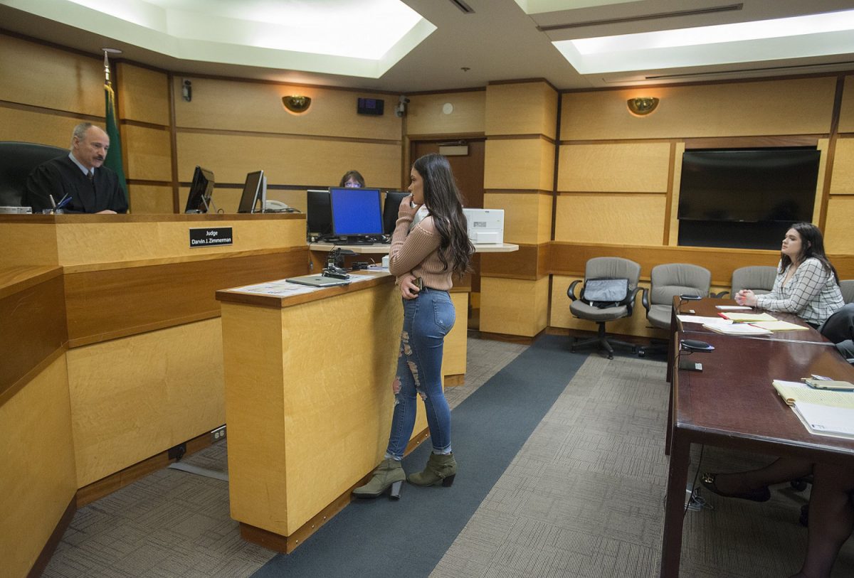Jordan Holgerson gave comments during Smith's sentencing at the Clark County Courthouse in Vancouver, Wash., on March 27. (Amanda Cowan/The Columbian via AP)