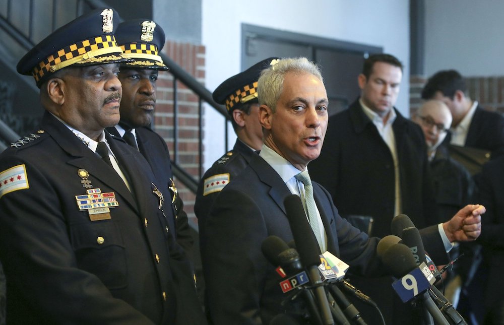 Chicago Mayor Rahm Emanuel (R), and Chicago Police Superintendent Eddie Johnson appear at a news conference in Chicago, on March 26, 2019. (AP Photo/Teresa Crawford)