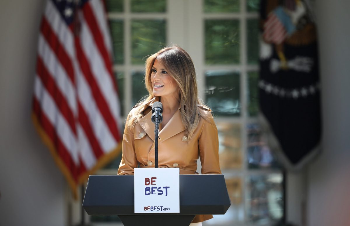 First lady Melania Trump speaks in the Rose Garden of the White House in Washington on May 7, 2018. (Win McNamee/Getty Images)