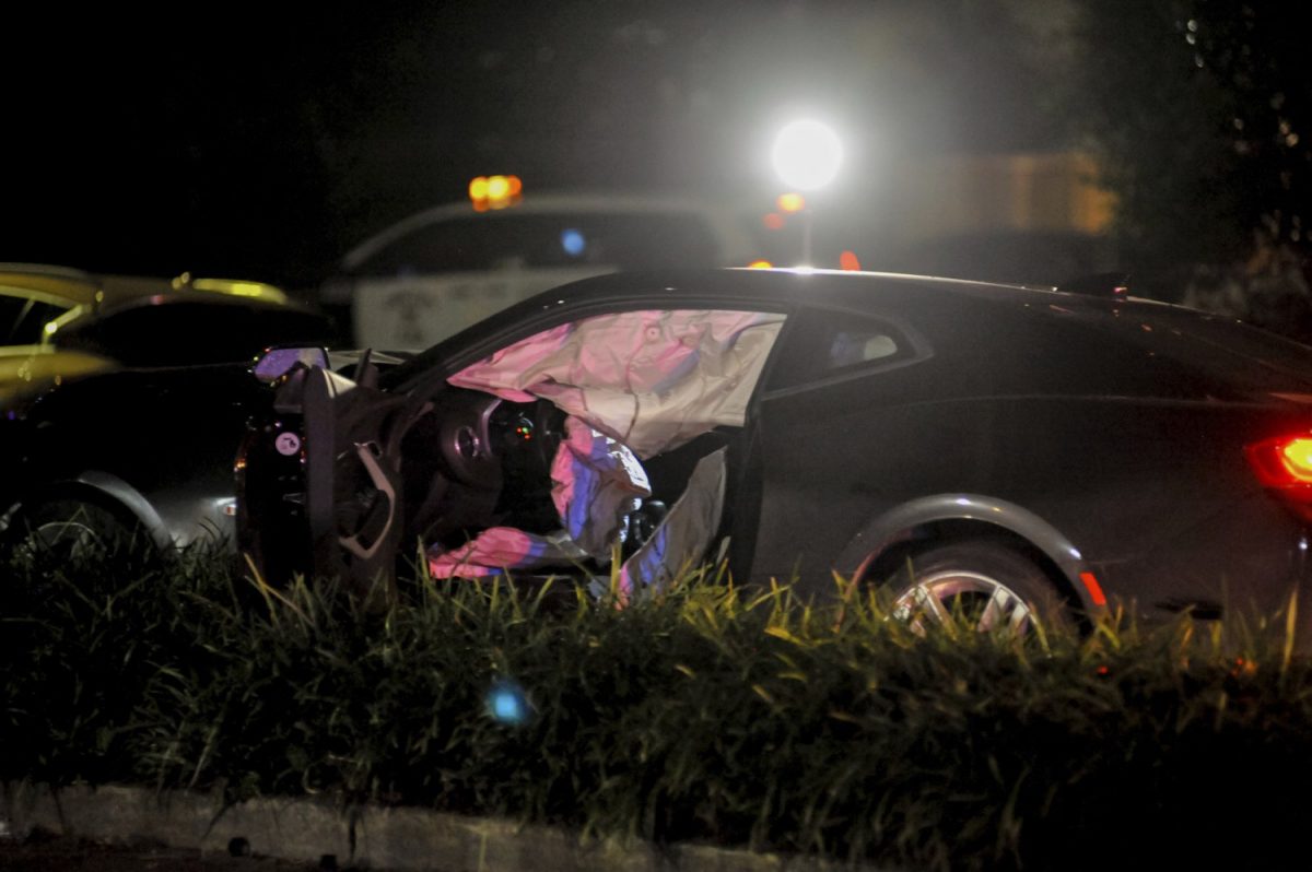 New Orleans Police Department officers process a damaged vehicle after responding to a fatal hit and run accident along Esplanade Avenue in Bayou St. John in New Orleans, on March 2, 2019. (Shawn Fink/The Advocate via AP)
