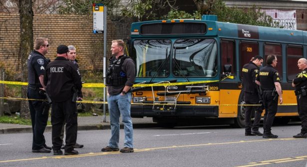 The driver of a Metro Bus has been hailed a hero for driving passengers to safety despite being hit in the chest by gunfire in a shooting in Seattle, on March 27, 2019. (Dean Rutz/The Seattle Times via AP)
