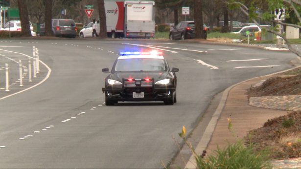 The Tesla Model S patrol car was given a test run on March 6, 2019. (Tom Yu/NTD)