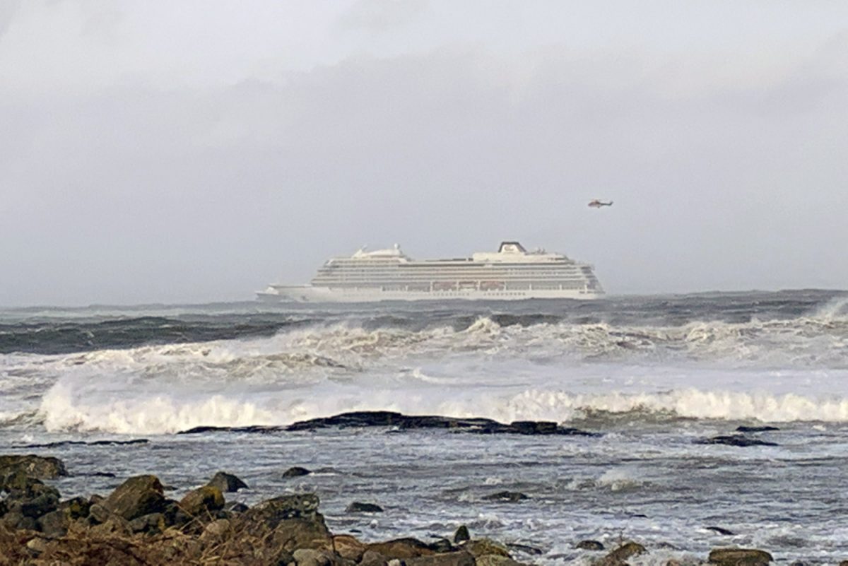 The cruise ship Viking Sky after it sent out a Mayday signal because of engine failure in windy conditions off the west coast of Norway, on March 23, 2019. (Odd Roar Lange / NTB scanpix via AP)