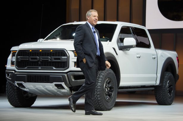 Ford official Joe Hinrichs introduces the Ford F-150 Raptor at the North American International Auto Show in Detroit, Mich., on Jan. 11, 2016. (Jim Watson/AFP/Getty Images)