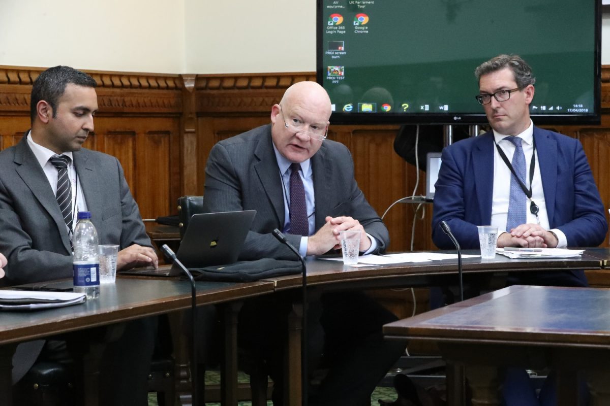 (L-R) Dr. Adnan Sharif, Consultant Nephrologist and Secretary for DAFOH, Nobel Peace Prize nominee Ethan Gutmann, and Benedict Rogers, Deputy Chairman of the Conservative Party Human Rights Commission at a parliament briefing in April 2018. (Justin Palmer)