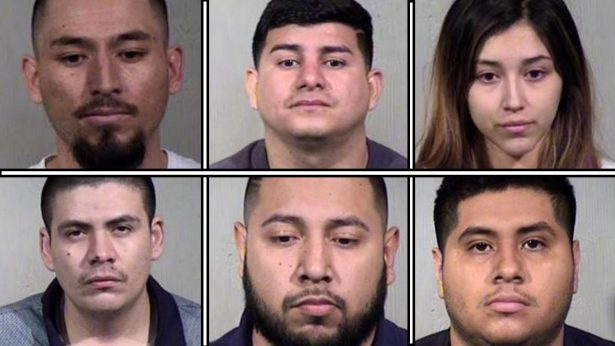Six people were arrested by DEA agents and law enforcement officers in Mesa, Arizona on March 1, 2019. Top, from left to right, are Luis Adrian Gonzalez-Perez, Jose Gonzalez-Ramos, who police said admitted to being an MS-13 gang member, and Yasary Bejarano. Bottom, from left to right, are Carlos Daniel Pineda Martinez, Jorge Marin Cuevas, and John Hernandez Vera. (Maricopa County Sheriff's Department)