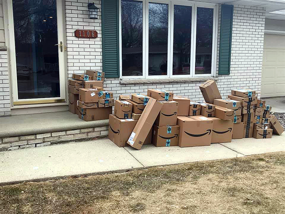 Man Comes Home to Prank Pile of Amazon Shipping Boxes on Doorstep on April Fools’