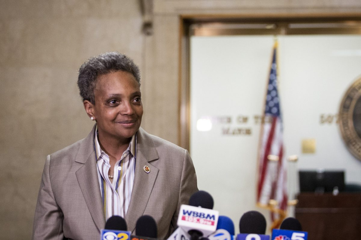 Chicago Mayor-elect Lori Lightfoot speaks to reporters after meeting with Mayor Rahm Emanuel at City Hall, on April 3, 2019. (Ashlee Rezin/Chicago Sun-Times via AP)