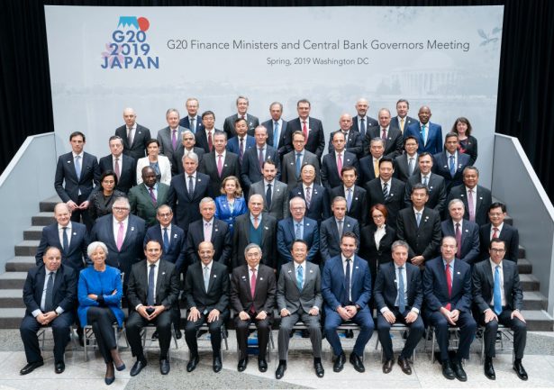 The G20 Finance Ministers and Central Bank Governors at IMF Headquarters during the 2019 IMF/World Bank Spring Meetings in Washington on April 12, 2019. (Stephen Jaffe/IMF via Getty Images)