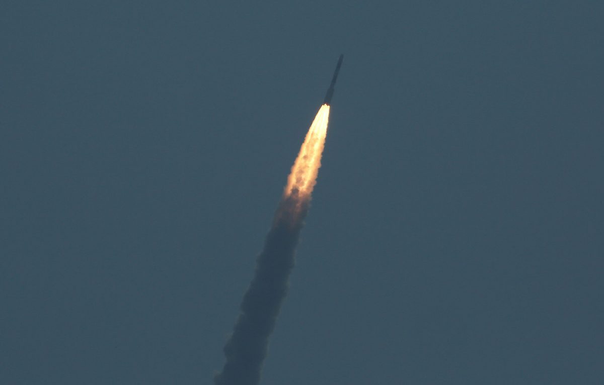 India's Polar Satellite Launch Vehicle (PSLV) C45, carrying Electromagnetic Spectrum Measurement satellite 'EMISAT' and 28 other satellites, lifts off from the Satish Dhawan Space Centre in Sriharikota, India, on April 1, 2019. (P. Ravikumar/Reuters)