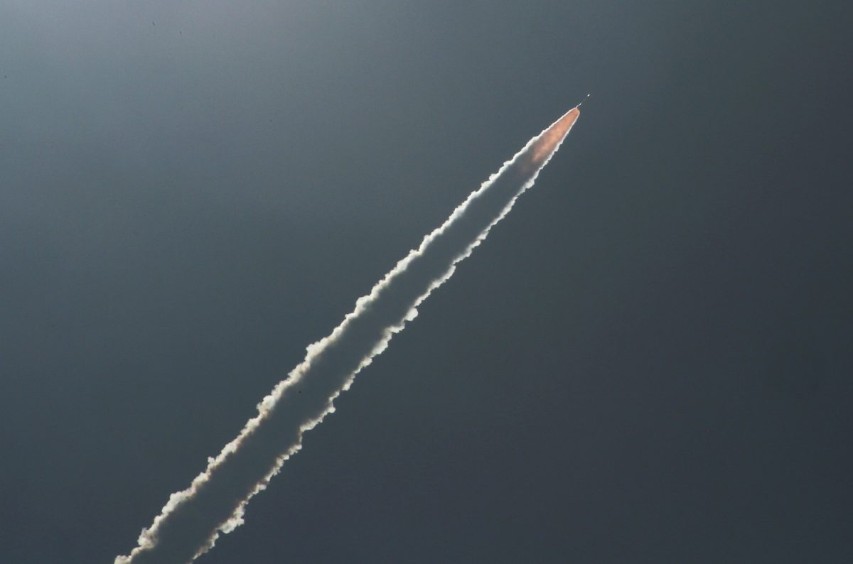 India's Polar Satellite Launch Vehicle (PSLV) C45, carrying Electromagnetic Spectrum Measurement satellite 'EMISAT' and 28 other satellites, lifts off from the Satish Dhawan Space Centre in Sriharikota, India, on April 1, 2019. (P. Ravikumar/Reuters)