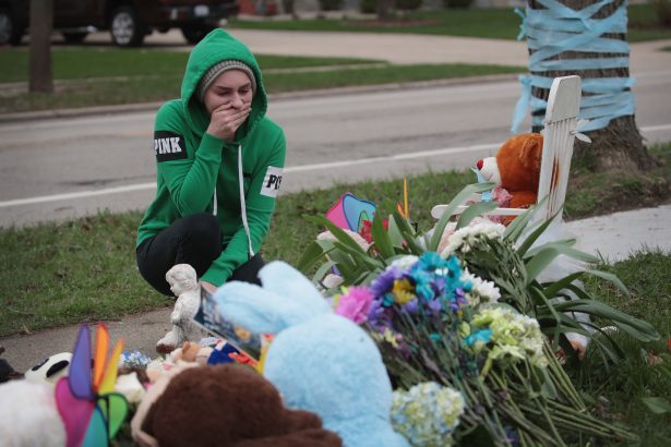 A small memorial in front of the home of five-year-old Andrew "AJ" Freund after it was announced that his remains had been found in Crystal Lake, Ill. on April 24, 2019. (Scott Olson/Getty Images)