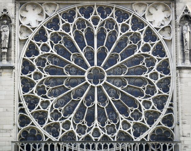One of the iconic stained glass windows of the Notre Dame Cathedral in Paris, on April 17, 2019. (Francois Mori/AP Photo)