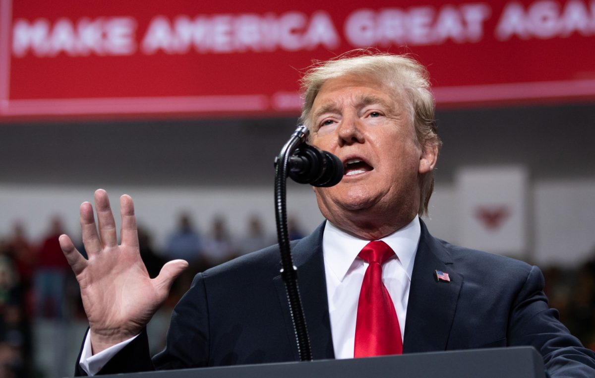 President Donald Trump gestures as he speaks during a Make America Great Again rally in Green Bay, Wis., on April 27, 2019. (Saul Loeb/AFP/Getty Images)