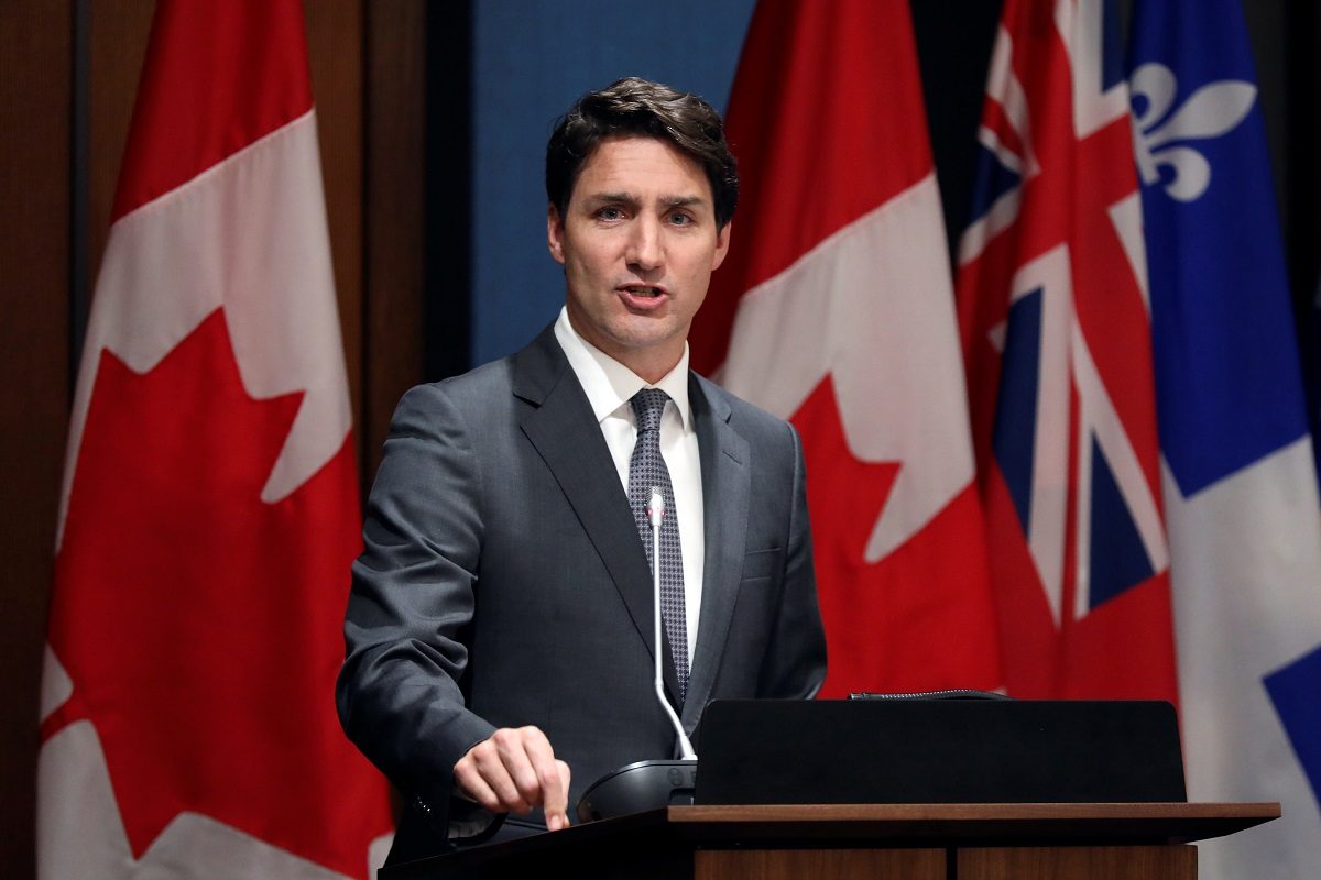 Canada's Prime Minister Justin Trudeau speaks during a Liberal Party caucus meeting on Parliament Hill in Ottawa, Ontario, Canada, on April 2, 2019. (Chris Wattie/Reuters)