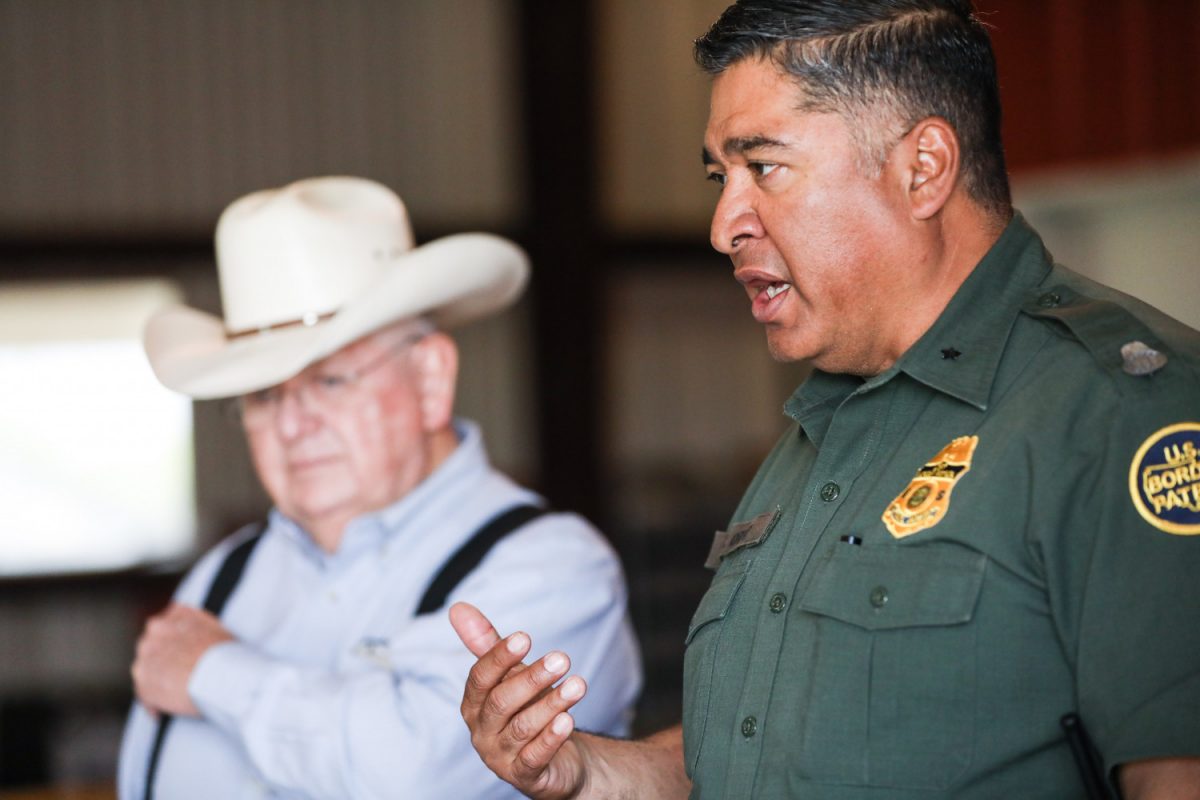 Deputy Chief Border Patrol agent for Rio Grande Valley Raul Ortiz (R) and Michael Guerra on the Guerra's La Anacua Ranch near Rio Grande City, Texas, on March 22, 2019. (Charlotte Cuthbertson/The Epoch Times)