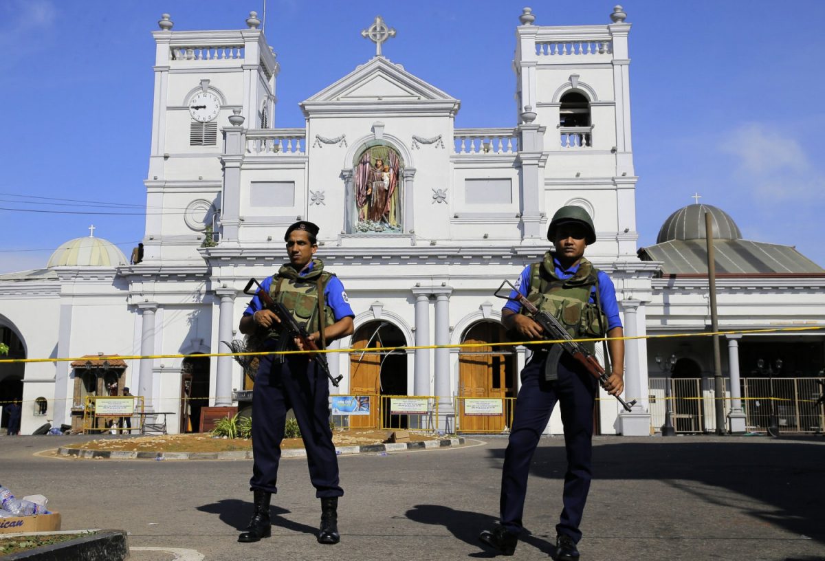 Sri Lankan Navy soldiers stand guard in front of the St. Anthony's Shrine a day after the series of blasts, in Colombo, Sri Lanka, on April 22, 2019. (Eranga Jayawardena/AP Photo)