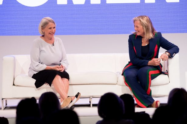 Anita Dunn (L) and Hilary B. Rosen speak onstage at Women Rule: The L.A. Summit' at NeueHouse Hollywood in Los Angeles, on June 5, 2018. (Emma McIntyre/Getty Images)