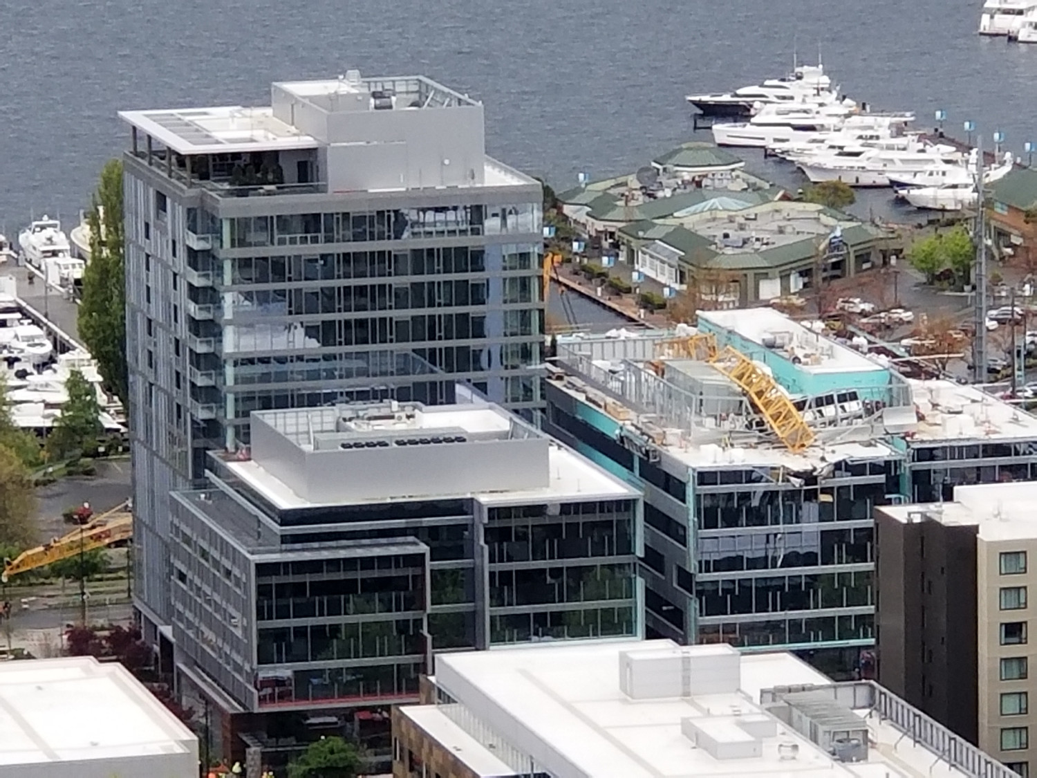 A construction crane collapsed on Mercer Street near Interstate 5 in downtown Seattle on April 27, 2019. (Chelsea Oughton via AP)