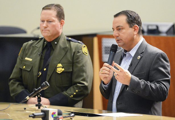 Yuma Mayor Doug Nicholls (R), answers a question during his news conference inside Yuma City Council Chambers about the current humanitarian crisis in the border region due to high volumes of illegal aliens crossing in Yuma, Ariz., on March 28, 2019. U.S. Border Patrol Deputy Chief Patrol Agent for the Yuma Sector, Carl Landrum, is on the left. (Randy Hoeft/The Yuma Sun via AP)