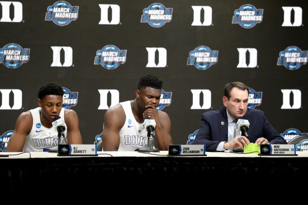 R.J. Barrett (L), Zion Williamson (C), and head coach Mike Krzyzewski of the Duke Blue Devils speak to the media after their team's 68-67 loss to the Michigan State Spartans in the East Regional game of the 2019 NCAA Men's Basketball Tournament at Capital One Arena in Washington, on March 31, 2019. (Photo by Patrick Smith/Getty Images)
