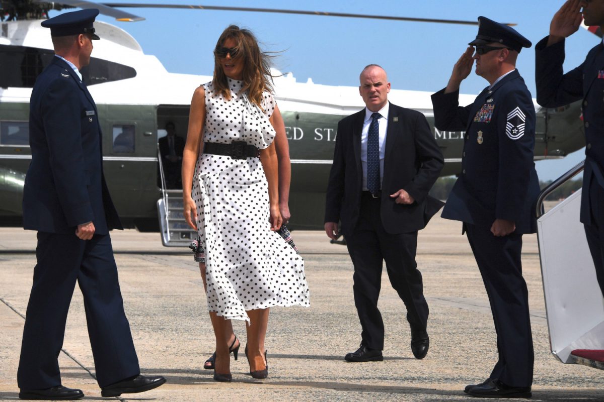 First Lady Melania Trump arrives to board Air Force One at Andrews Air Force Base in Maryland, on April 24, 2019. (Jim Watson/AFP/Getty Images)