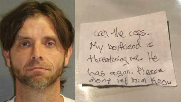 A photo of Jeremy Floyd (L) and the SOS note from Floyd's abused girlfriend, Carolyn Reichle. (Volusia County Sheriff's Office)