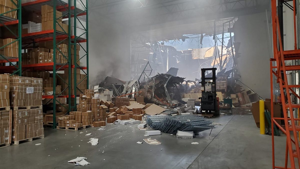 An F-16 fighter jet crashed into a warehouse just off March Air Reserve Base in Perris, Calif. on May 16, 2019. (Riverside County Sheriff's Office)