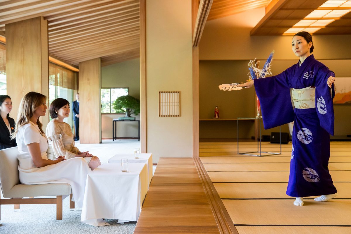 First Lady Melania Trump and Akie Abe, wife of Japanese Prime Minister Shinzo Abe, watch a dancer perform a traditional dance during a cultural event at the Japanese style annex inside the State Guest House in Tokyo on May 27, 2019. (Tomohiro Ohsumi/POOL/AFP/Getty Images)